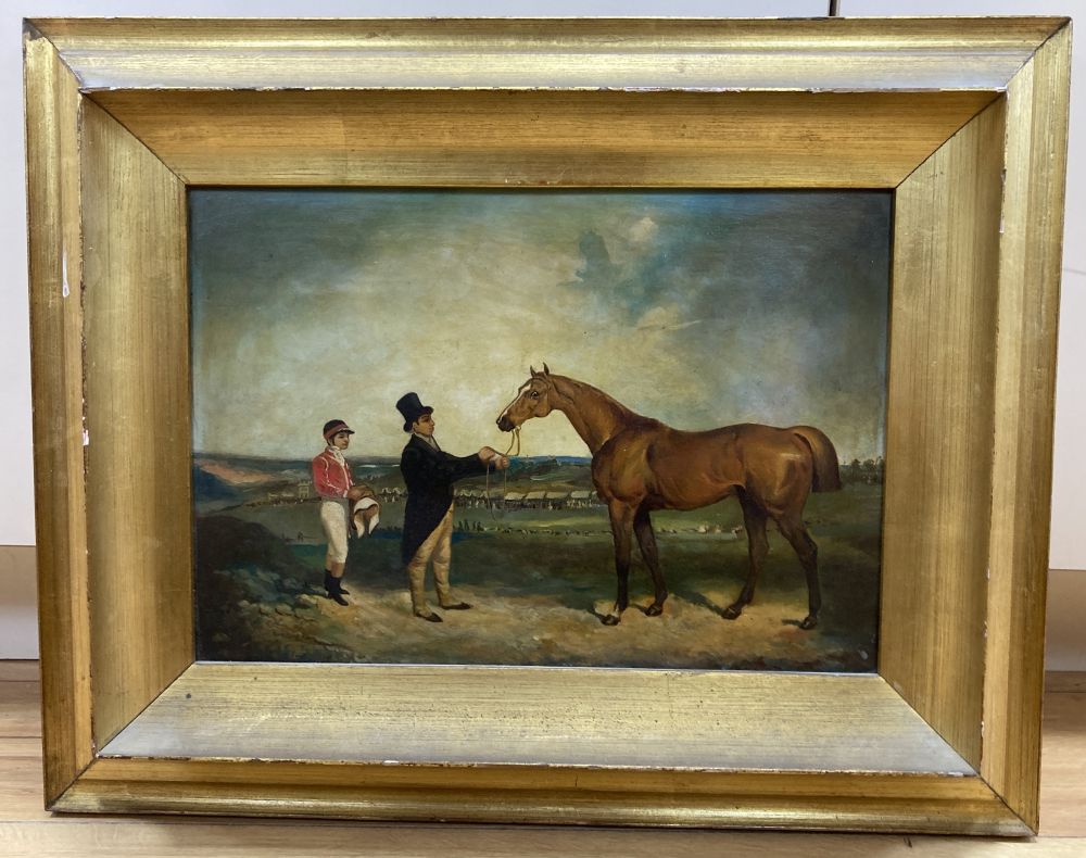 English School, oil on canvas, Jockey, owner and horse in a landscape, 24 x 34cm